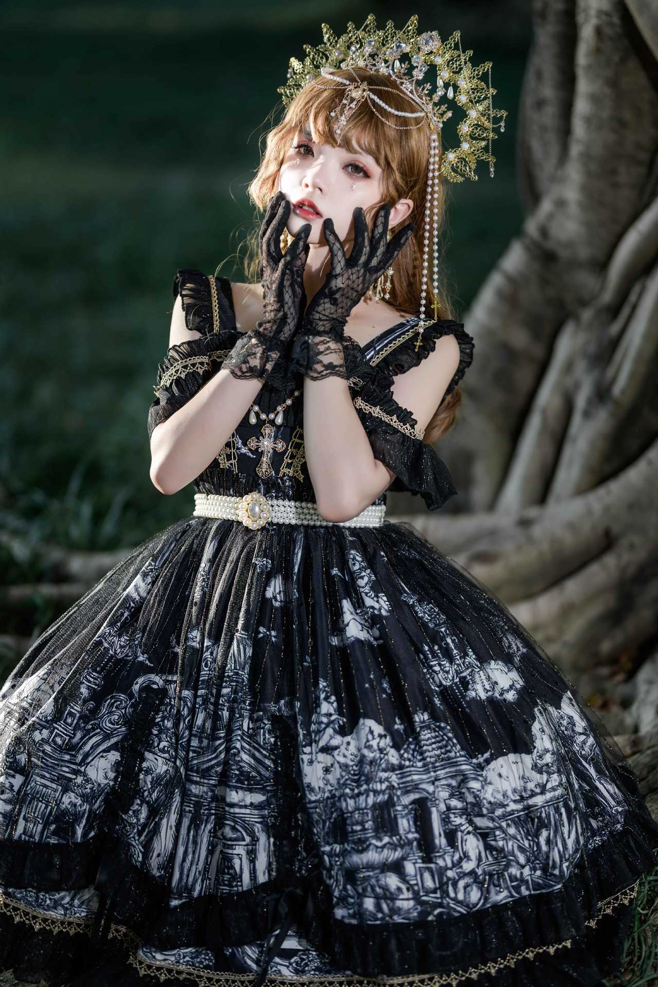 日式吊带一字肩洛丽塔原创lolita万圣狂欢夜暗黑哥特风jsk连衣裙