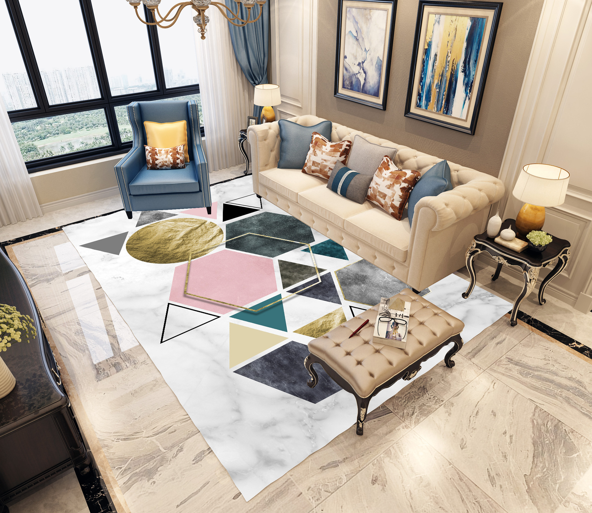 现代皮革客厅地毯家用简约几何长方形可擦洗卧室地垫沙发茶几地毯