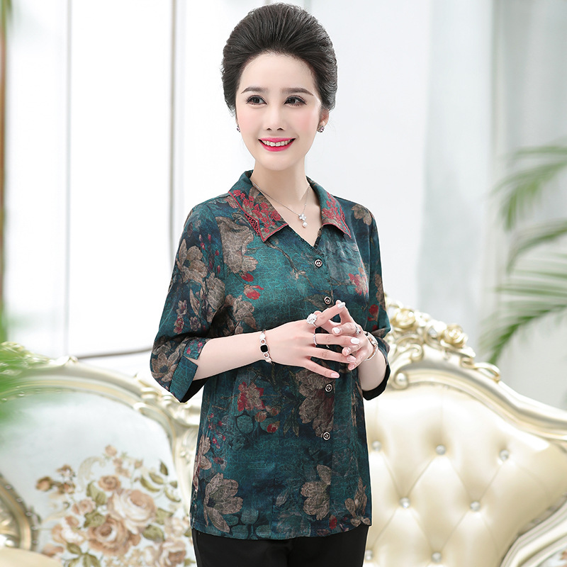 妈妈真丝上衣女中老年人桑蚕丝衬衫奶奶夏装杭州丝绸老人太太新款