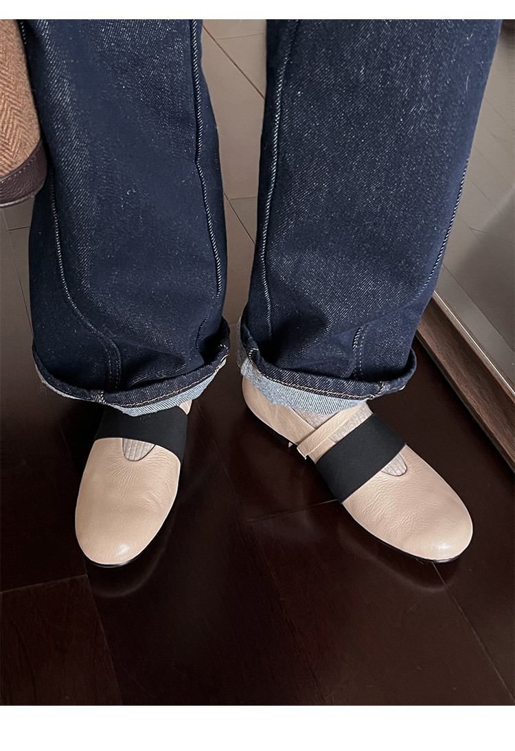 法式圆头平底浅口单鞋女2025年春秋季个性绷带一字扣带玛丽珍皮鞋