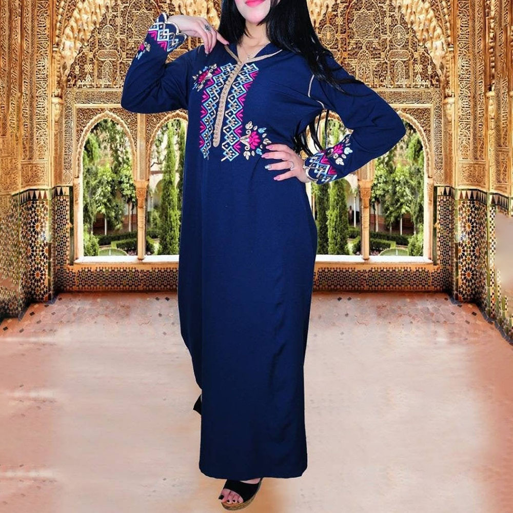 穆斯林女长袍跨境中东民族风刺绣巴基斯坦直筒长袖连衣裙1213569