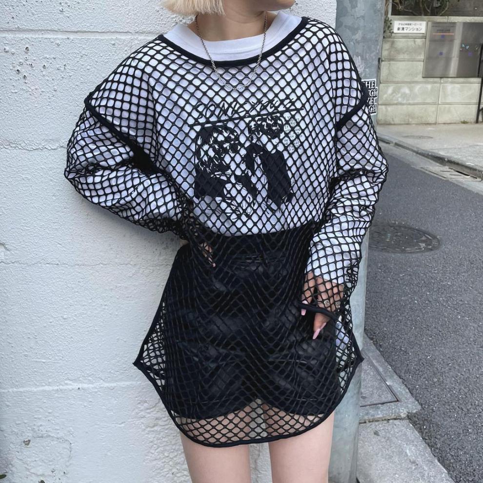 日系夏装新款女 跨境宽松镂空透视渔网长袖t恤性感百搭大网眼上衣