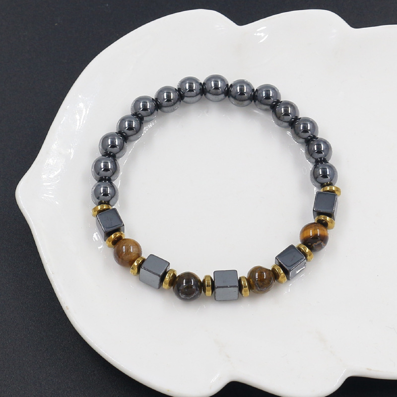 跨境饰品黑胆石手串男士绿松石虎眼石青金石方形磁石串珠手链新品
