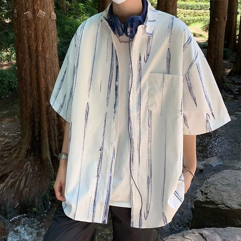 短袖衬衫男夏季新款休闲外套潮牌上衣服沙滩寸衫白色夏天男士衬衣