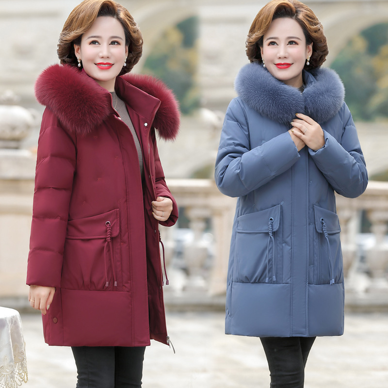 品牌妈妈羽绒服女中长款加厚中老年白鸭绒保暖冬装连帽羽绒外套