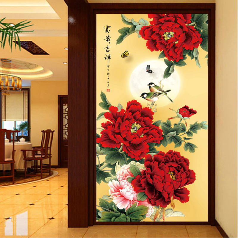 工厂批发十字绣花开富贵牡丹竖版新款客厅玄关刺绣外贸批发代理