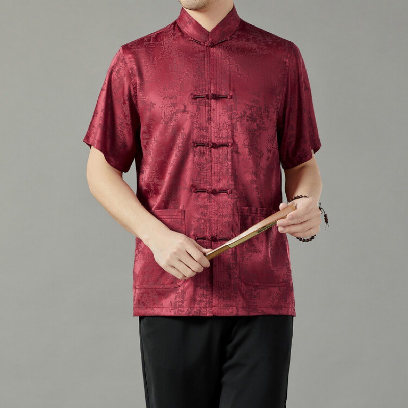 中老年人唐装套装男士中国风夏季薄款冰丝绸爷爷套装爸爸太极汉服