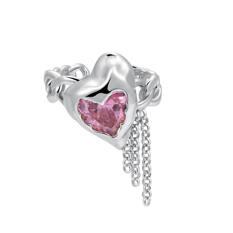 Korean Style S925 Silver Personality Pink Diamond Love Heart-Shaped Ring Women's Retro Fashion Hip Hop Personality Tassel Open Index Finger Ring Fashion