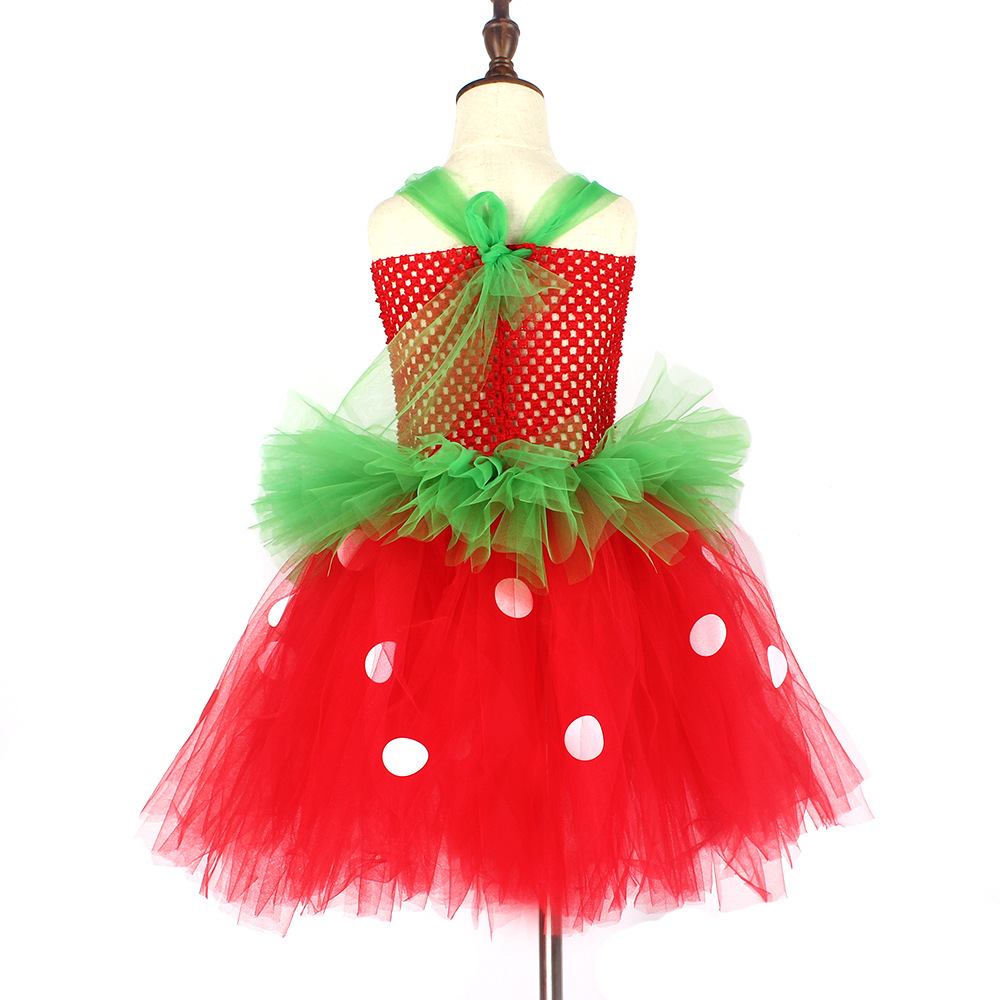 欧美童装草莓连衣裙女童圣诞新年派对表演服装儿童网纱蓬蓬公主裙