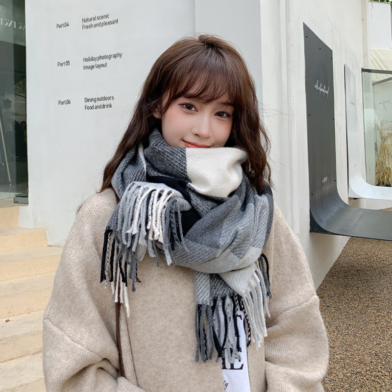 Korean Style New Wool Plaid Scarf Tassel Female Autumn Winter Couple Warm Wholesale Scarf Cashmere-like Student Shawl