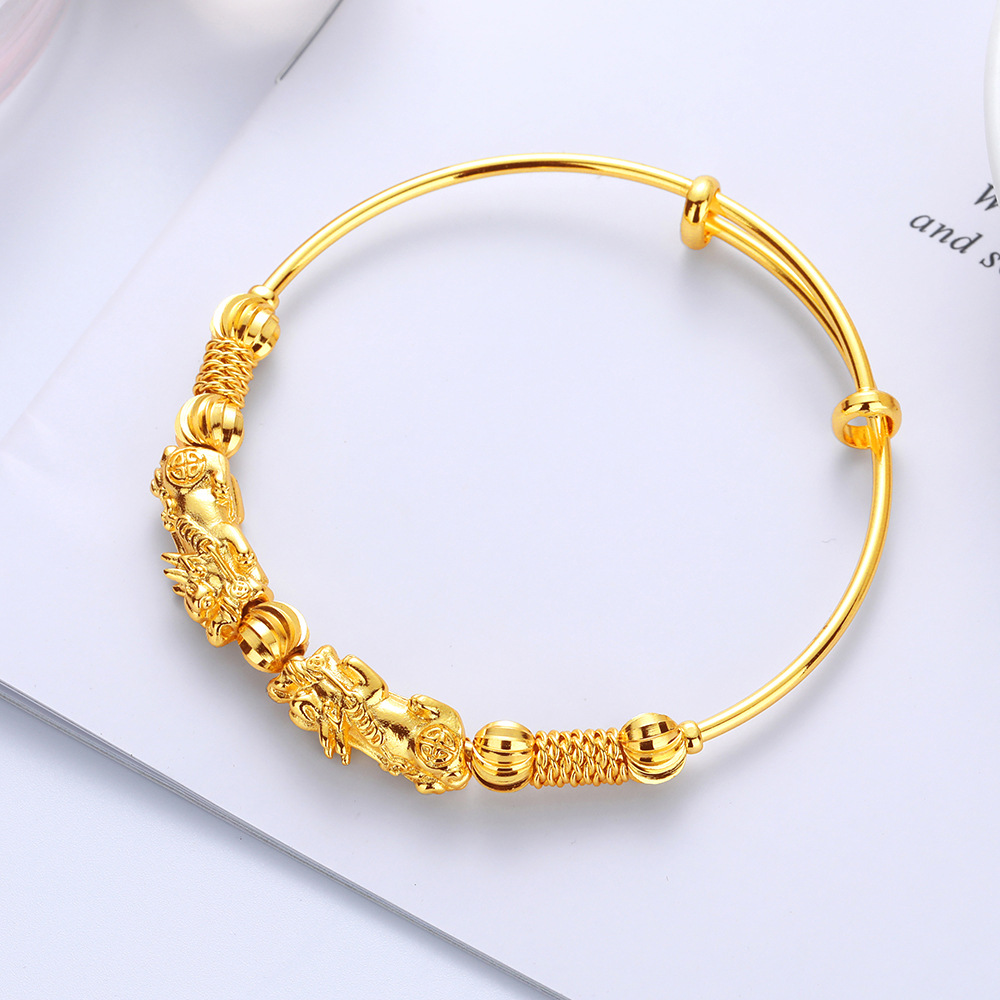 双貔貅转运珠婚庆手镯子古法传承招财进宝活口手环仿金电镀饰品