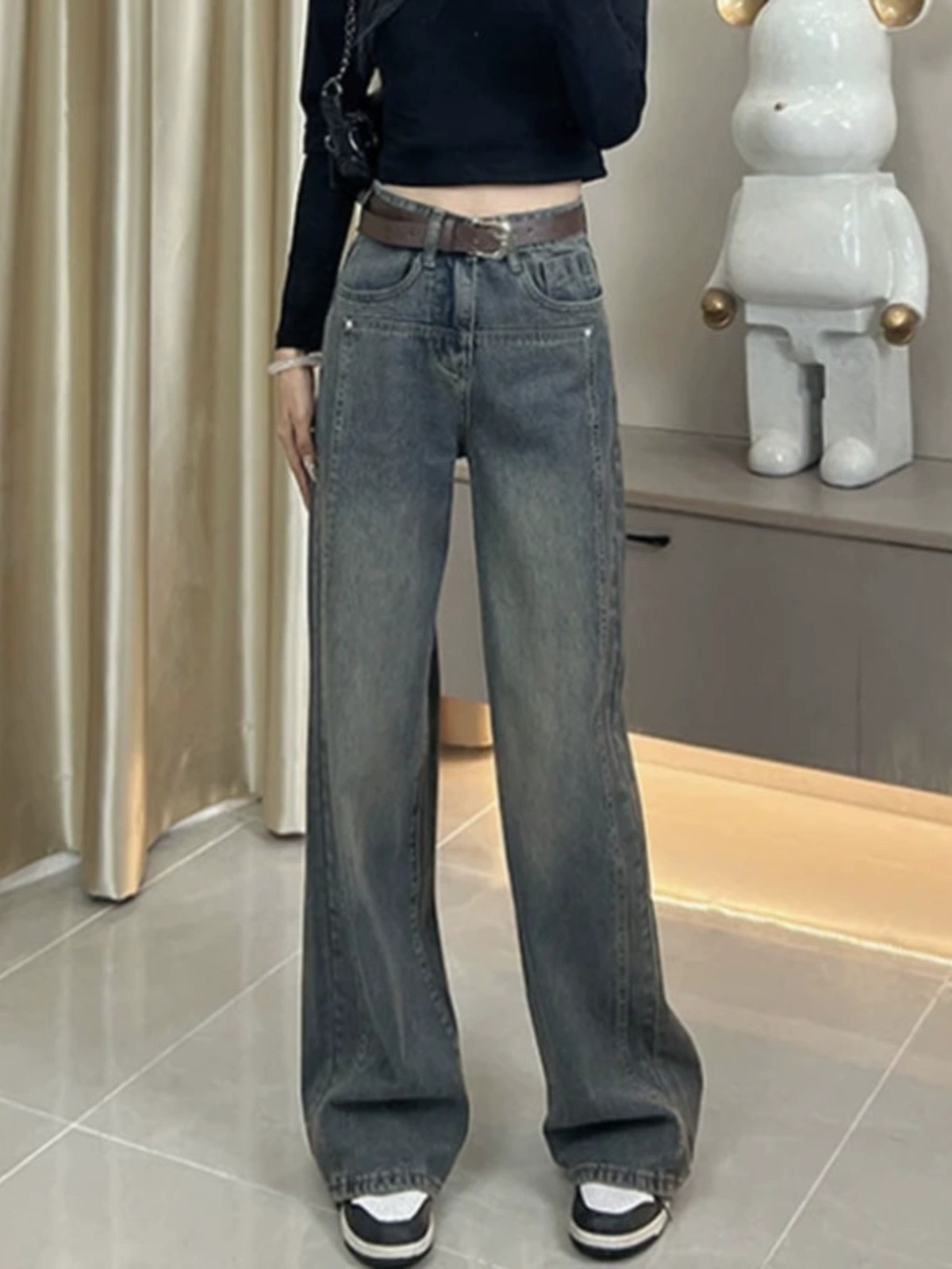 Fall 2023 New Pocket Loose Design Slimming Jeans Women's Retro Straight All-Matching Mop Wide Leg Pants