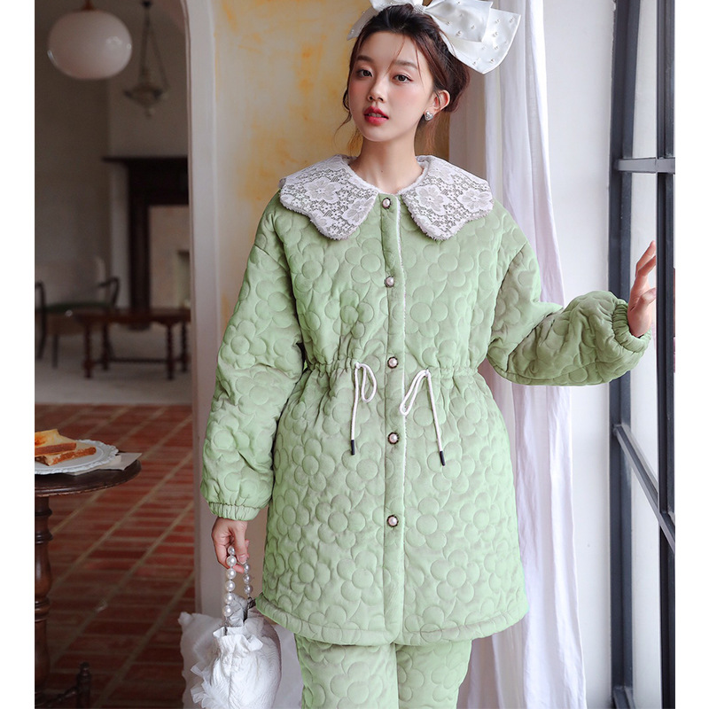 minisister特价款冬季小香风蕾丝翻领开衫加厚睡衣长款夹棉家居服