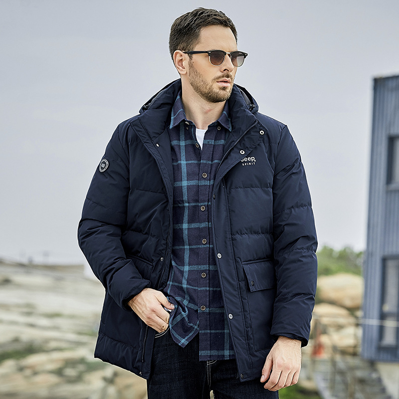jeep spirit品牌冬季加厚羽绒服男士中长款宽松休闲可拆卸白鸭绒