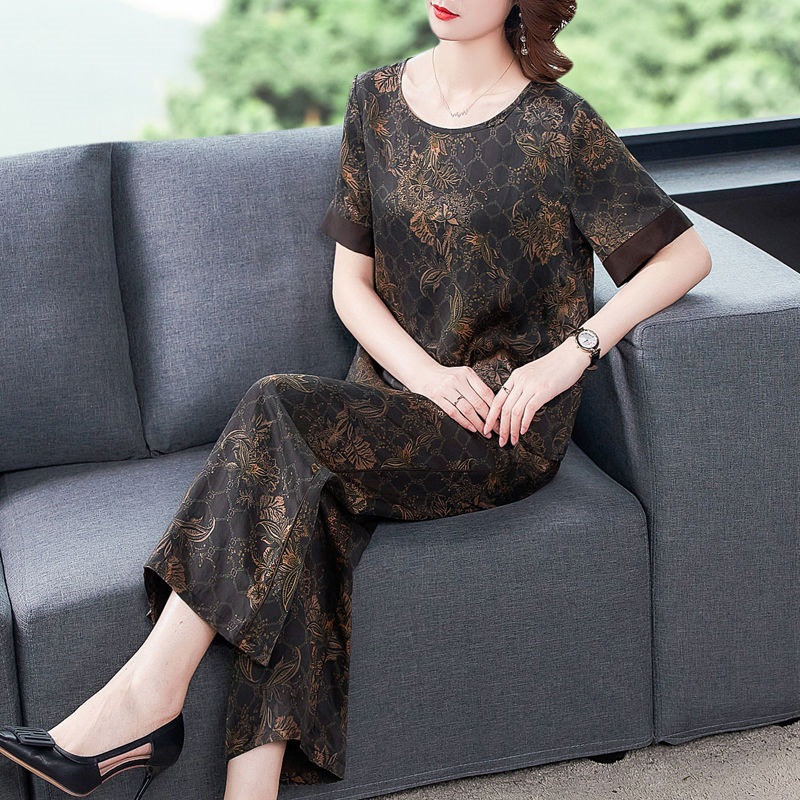 妈妈夏装套装香云纱真丝上衣阔腿裤两件套大码中年女装桑蚕丝套装