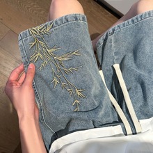 新中式国风竹子刺绣牛仔短裤男夏季薄款情侣高街水洗休闲五分裤子