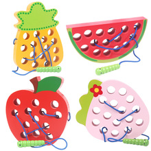 木制虫吃水果宝宝穿线毛毛虫苹果穿线穿绳游戏儿童早教益智玩具