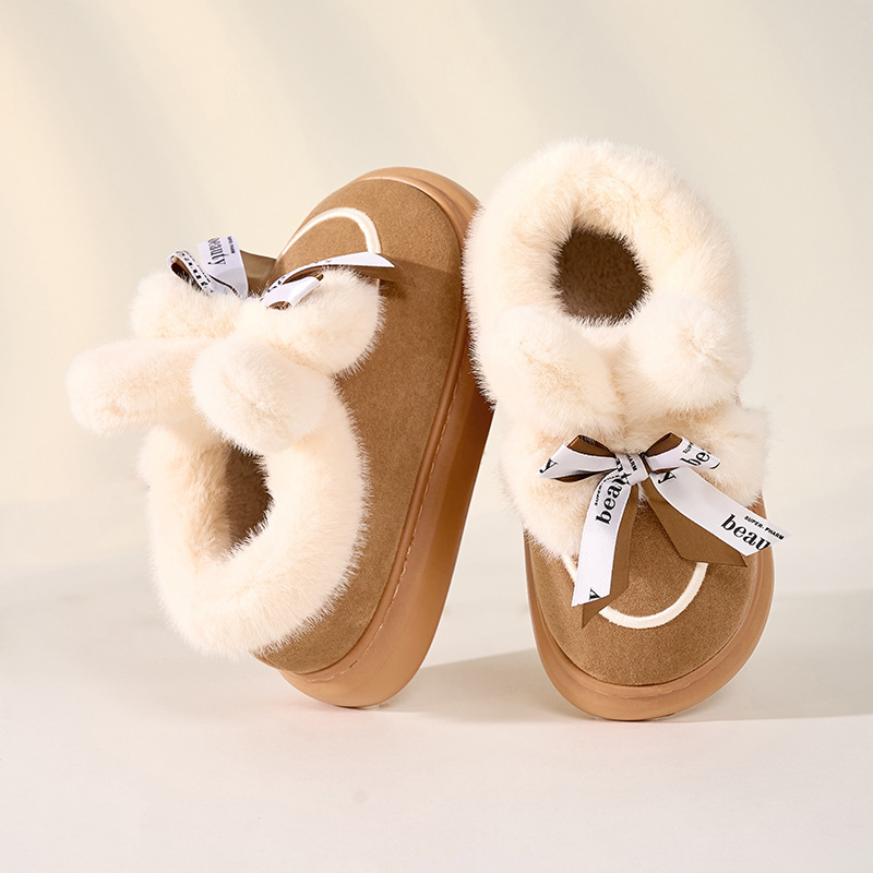 Autumn and Winter Platform Bow Rabbit Plush Slippers Home Girls Home Simple Warm Non-Slip Confinement Cotton Slippers