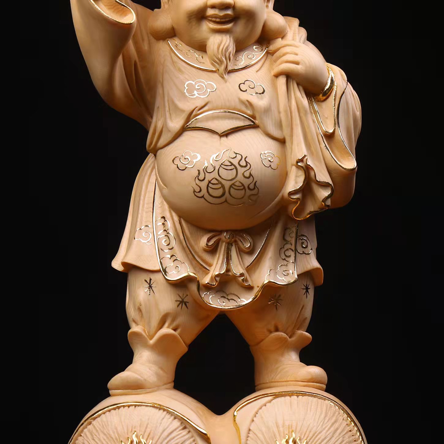 榉木三面大黑天财神喜神摆件 布袋举锤黑天佛像室内前台装饰摆放