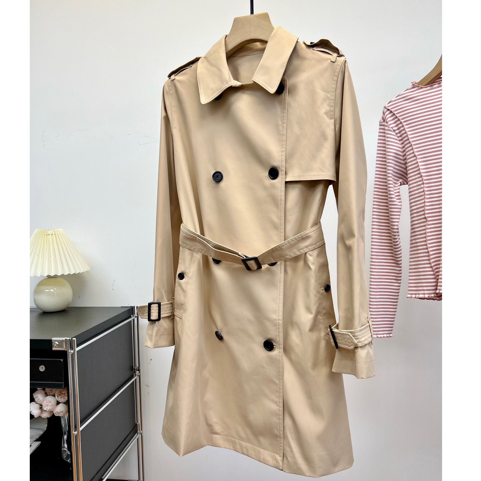 3208 法式复古长款风衣女式秋季英伦风卡其色中长款腰带外套经典