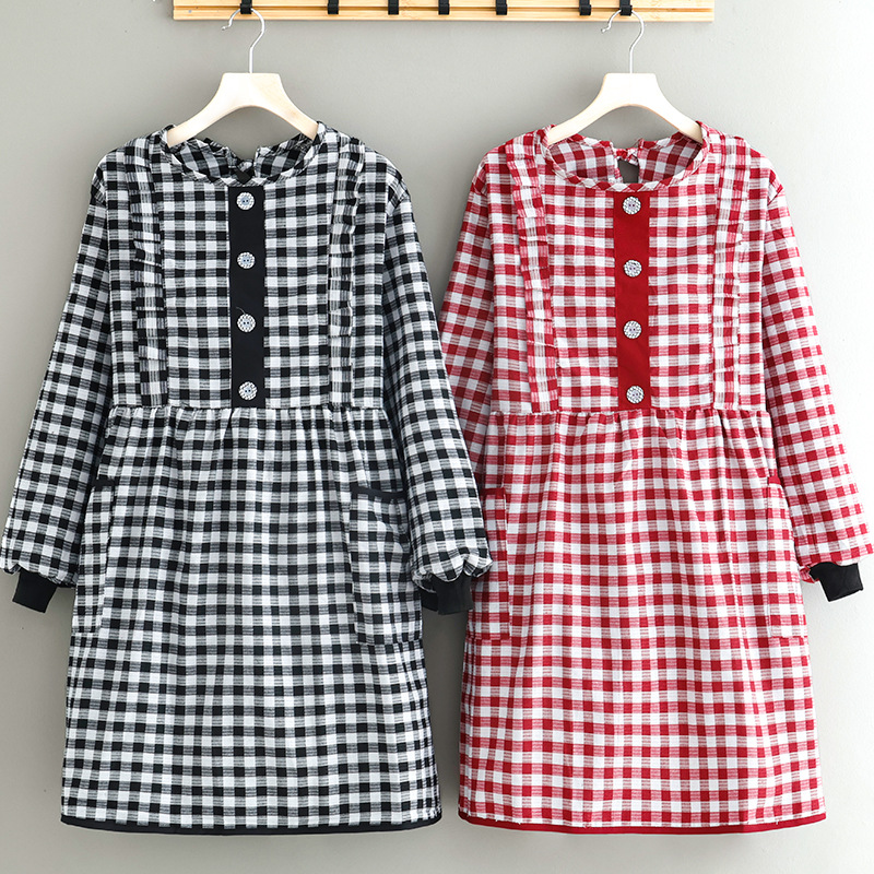 时尚防尘罩裙长袖棉格防污耐磨透气罩衣工作服围腰围裙女大人家务-阿