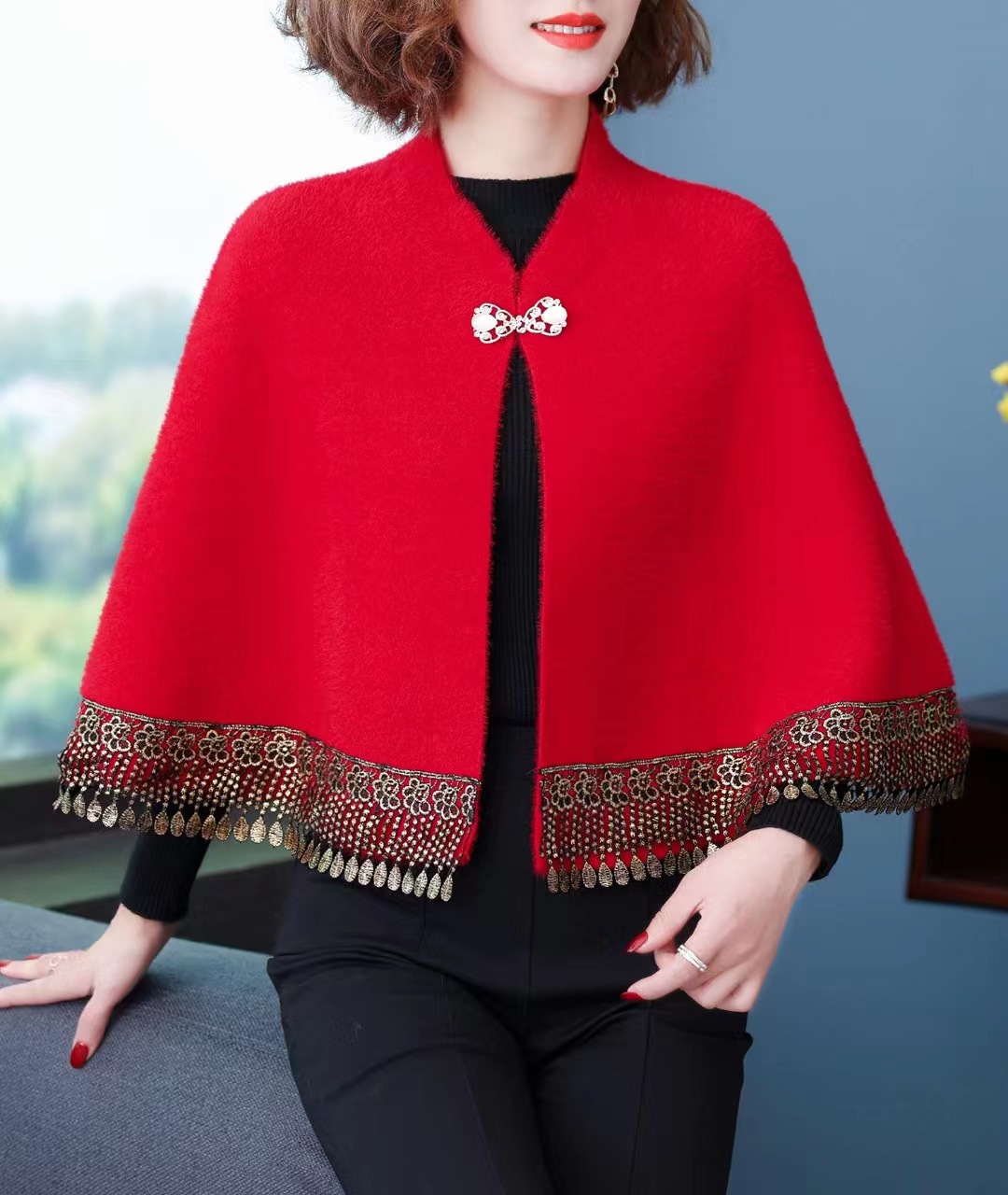 披肩女外穿早秋冬新款仿水貂绒妈妈开衫女上外套刺绣斗篷披风衫