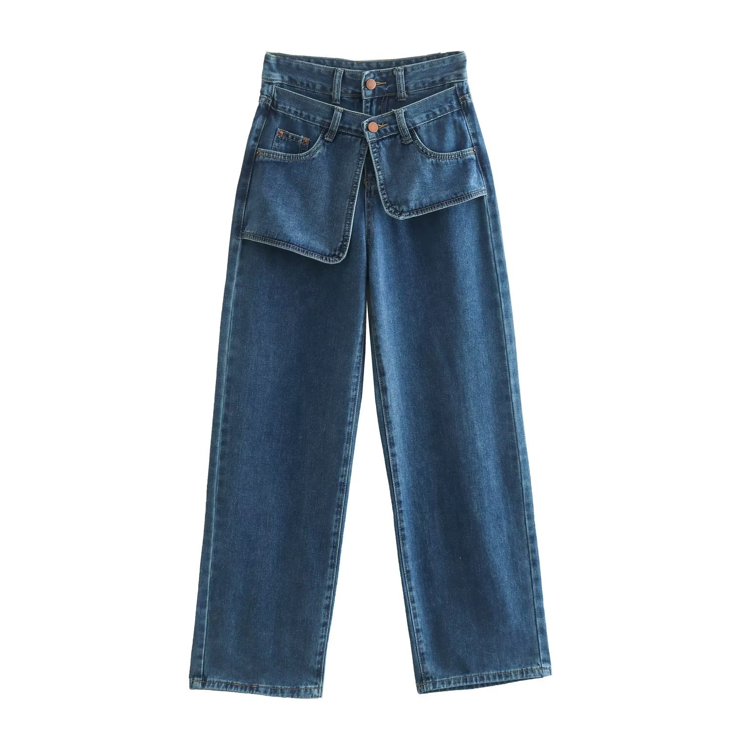 潮流个性双腰口袋牛仔裤女秋冬新款时尚高腰直筒显瘦长裤h00239