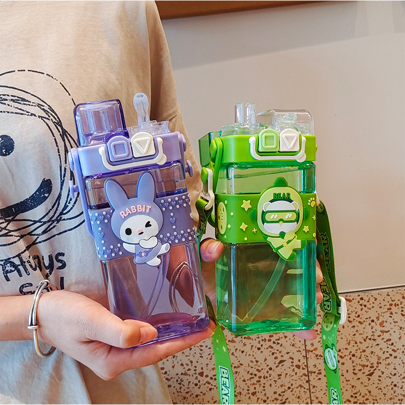 Internet Celebrity Boys and Girls Cartoon Square Water Cup Good-looking Double Drink Cup Student Straw Cup Children Outdoor Crossbody Punk