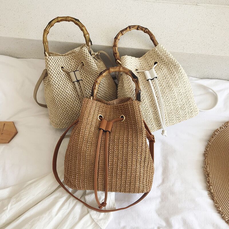 Beach Bag Women's Straw Women's Bag 2021 New Bamboo Joint Drawstring Bucket Bag Shoulder Crossbody Small Handbags