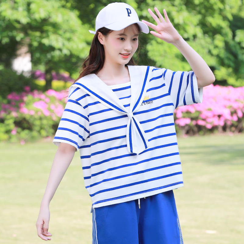 22292水手服上衣少女夏装初中学生夏装女生夏季条纹短袖t恤海军风