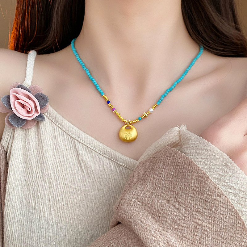 Real Gold Electroplated Lucky Bag Safety Lock Gourd Flower Pearl Necklace National Fashion Clavicle Chain New Chinese Retro Necklace for Women