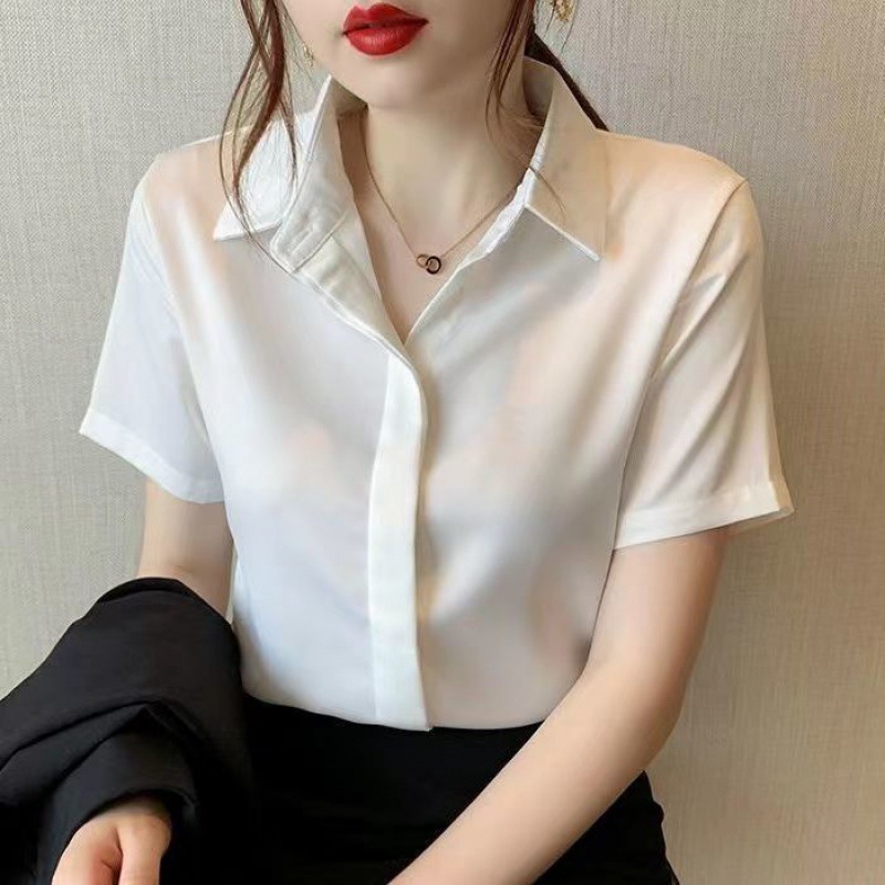 2024年春夏新款雪纺学生白色衬衫女短袖ol气质洋气衬衣正装-阿里巴巴