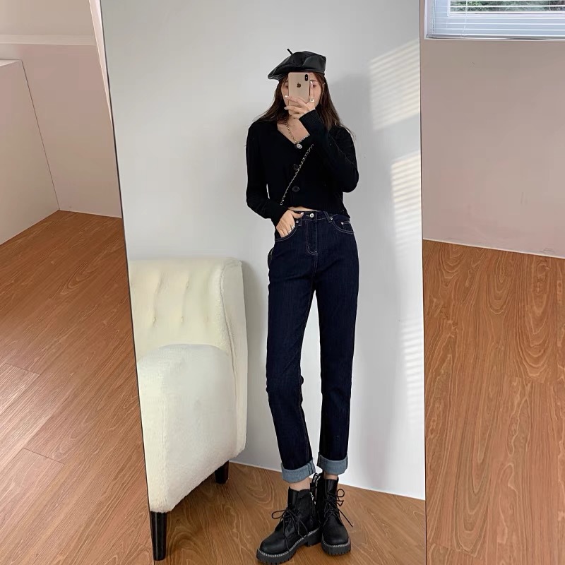 加绒深蓝色弹力卷边烟管牛仔裤女搭配马丁靴高腰显瘦2021秋冬直筒