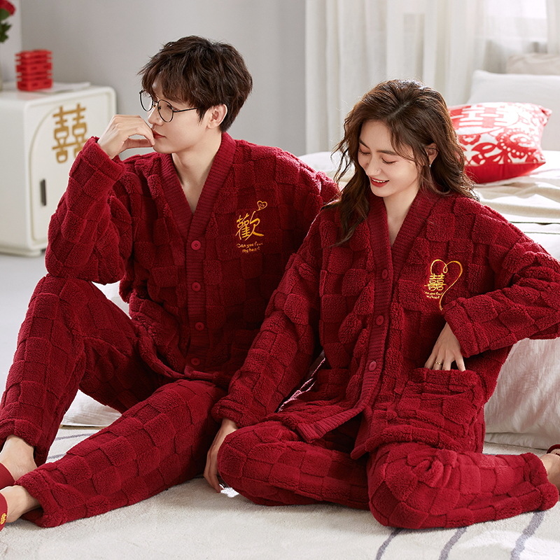 Couple Pajamas Coral Fleece Red Newly-Married Marriage Suit Autumn and Winter Fleece-lined Thickened Men's and Women's Home Wear Warm