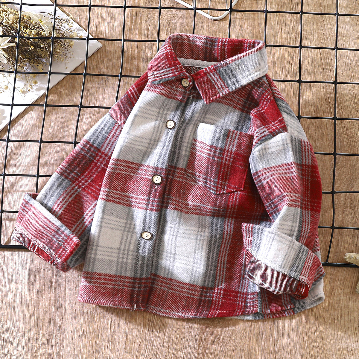 Boys' Long-Sleeved Autumn Plaid Shirt Children's Retro Color Matching Cardigan New Polo Collar Jacket Girls