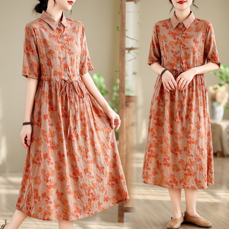 实拍新款显瘦文艺宽松棉麻长裙印花翻领中袖收腰棉麻连衣裙女