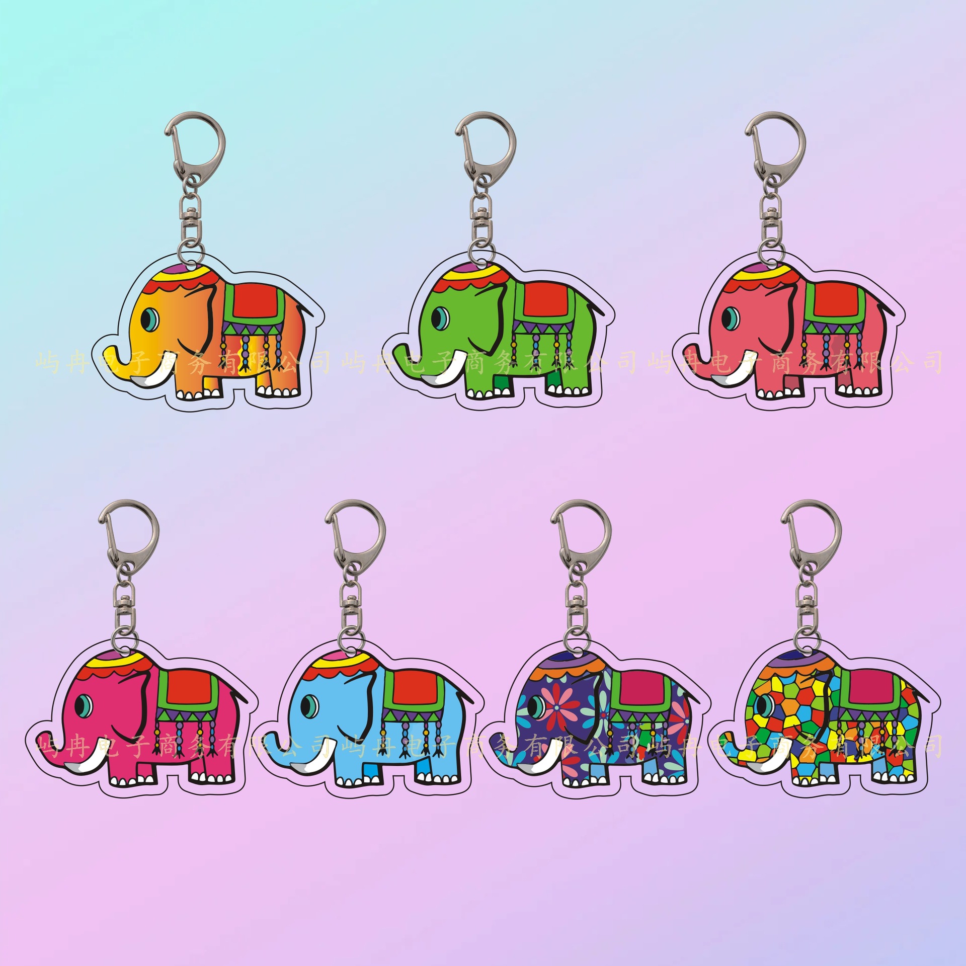 Amazon Hot Sale Colorful Elephant Keychain Acrylic Bag Ornaments Cartoon Printing Car Key Ring Accessories