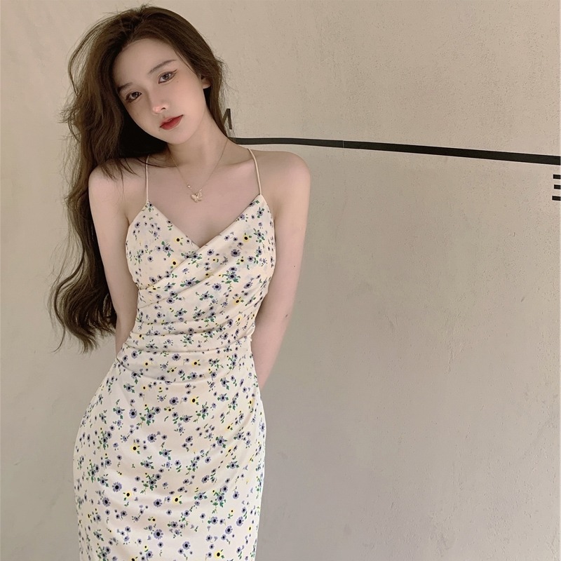 2022 summer new gentle style tea break waist-tight sexy dress women‘s french retro floral sheath suspender dress