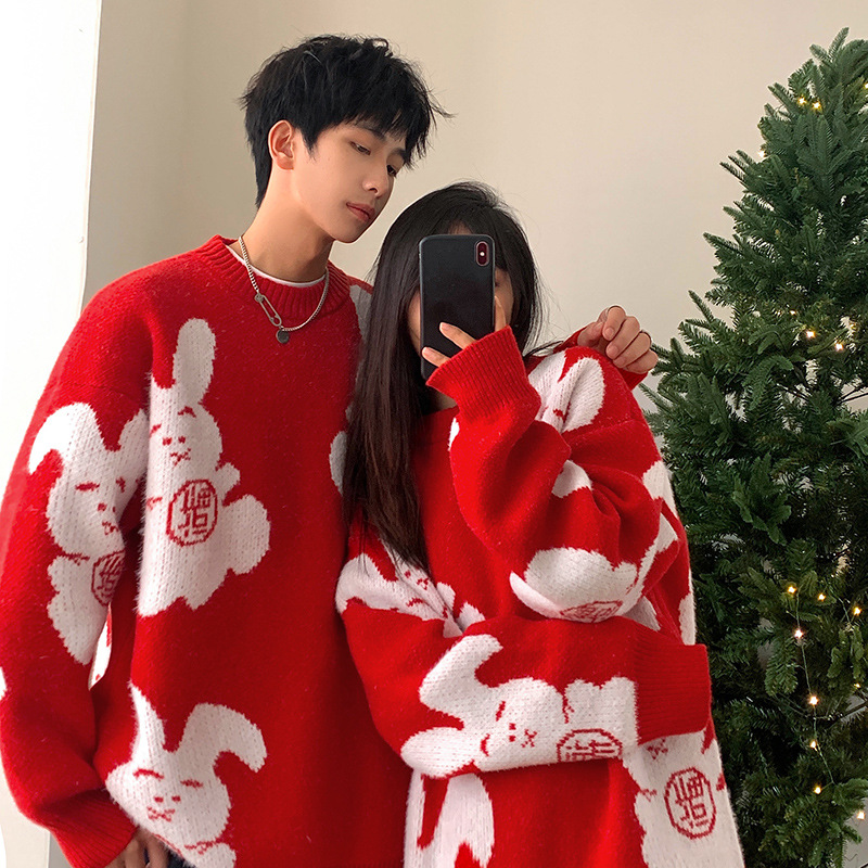 女生毛衣男女新年本命年兔年圣诞节红毛衣情侣宽松慵懒圆领外套1