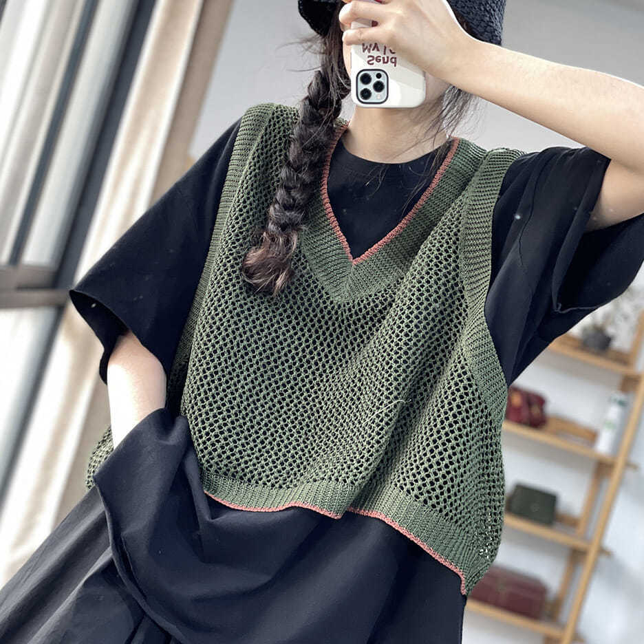 大码女装无袖上衣文艺复古镂空针织背心宽松休闲减龄百搭v领马甲
