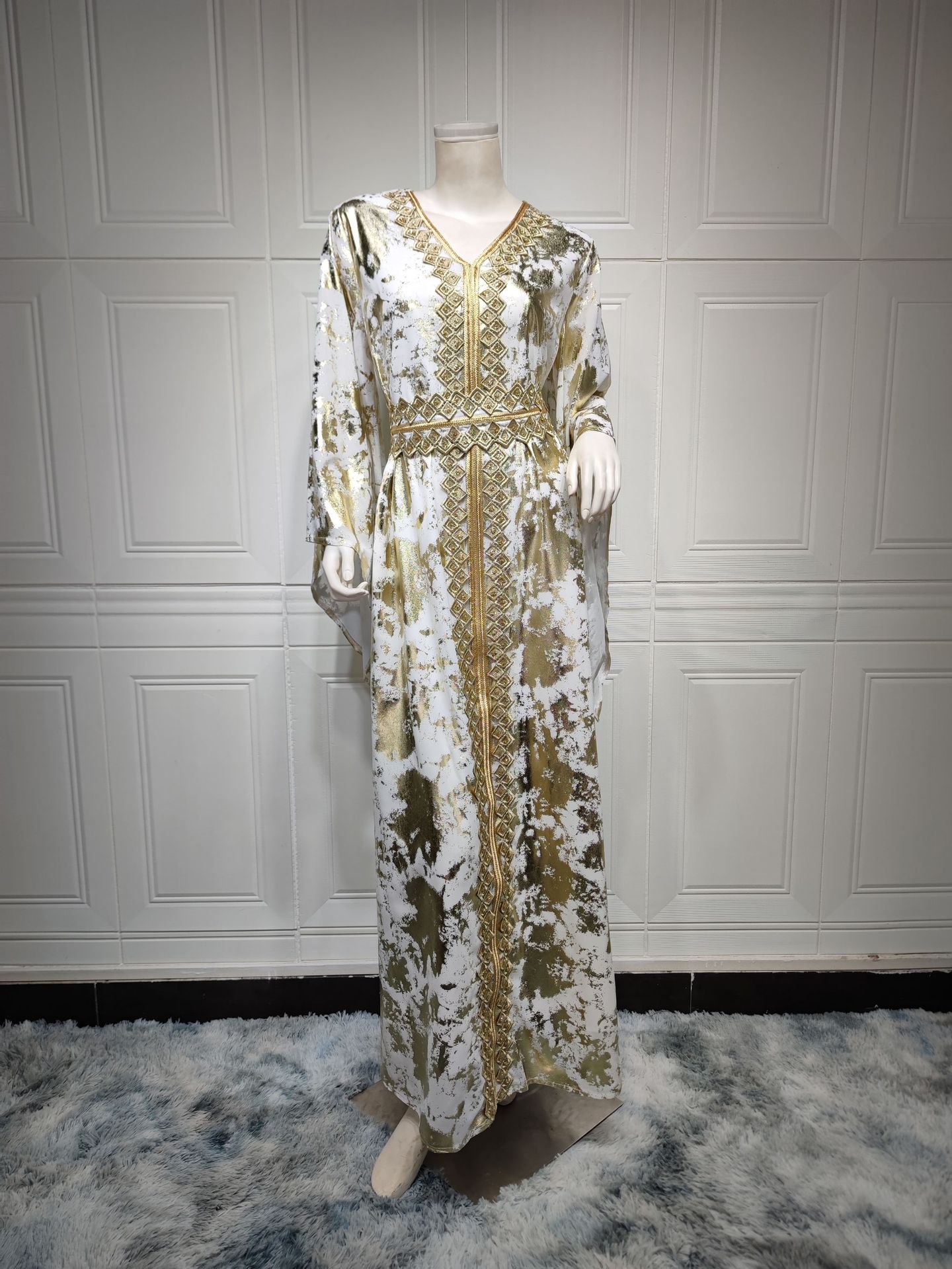 Ab286 Cross-Border Middle East 2023 Spring New Muslim Chiffon Bronzing Robe Containing Belt Dress