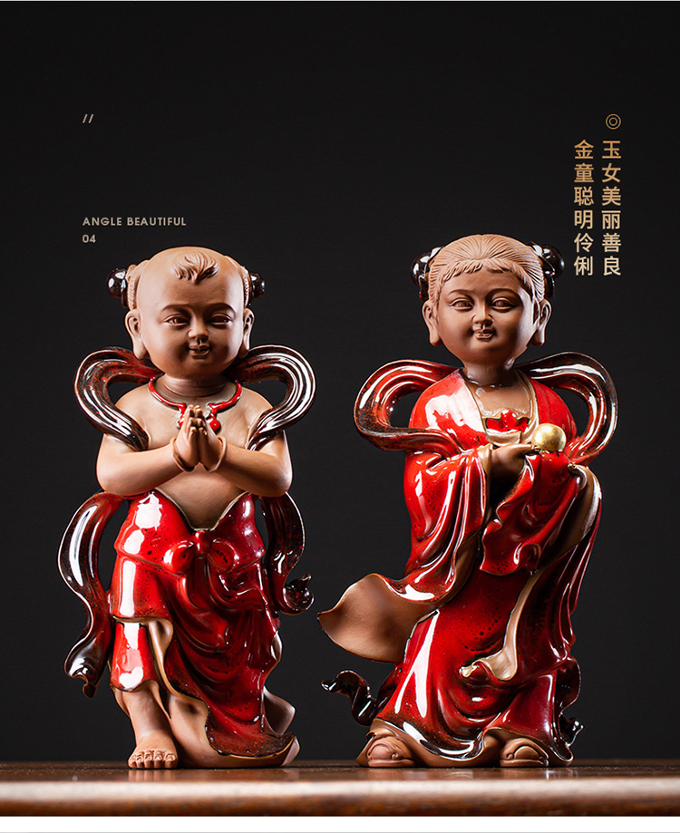 陶瓷禅意观音菩萨佛像摆件新中式金童玉女家居客厅玄关工艺品装饰