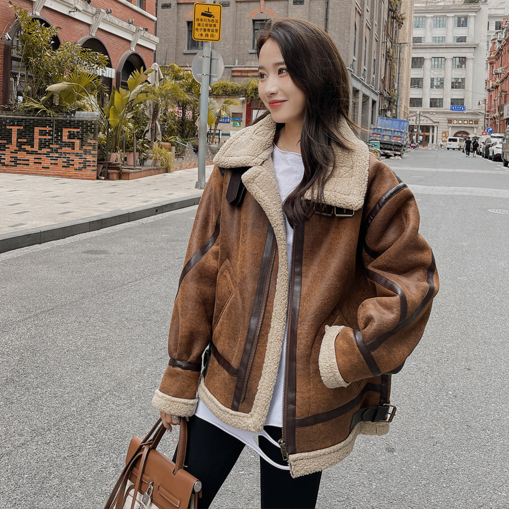 甜酷麂皮绒羊羔毛机车服冬季新款实拍皮毛一体外套女装一件代发
