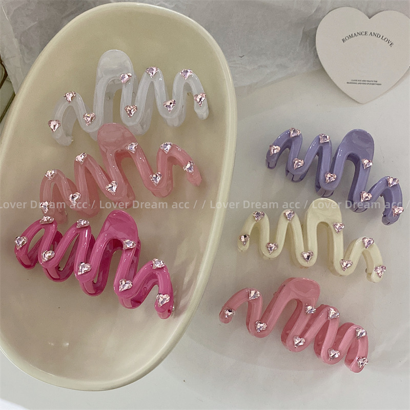 韩国新款超闪粉色爱心钻多巴胺彩色发夹 甜美可爱后脑勺抓夹发饰