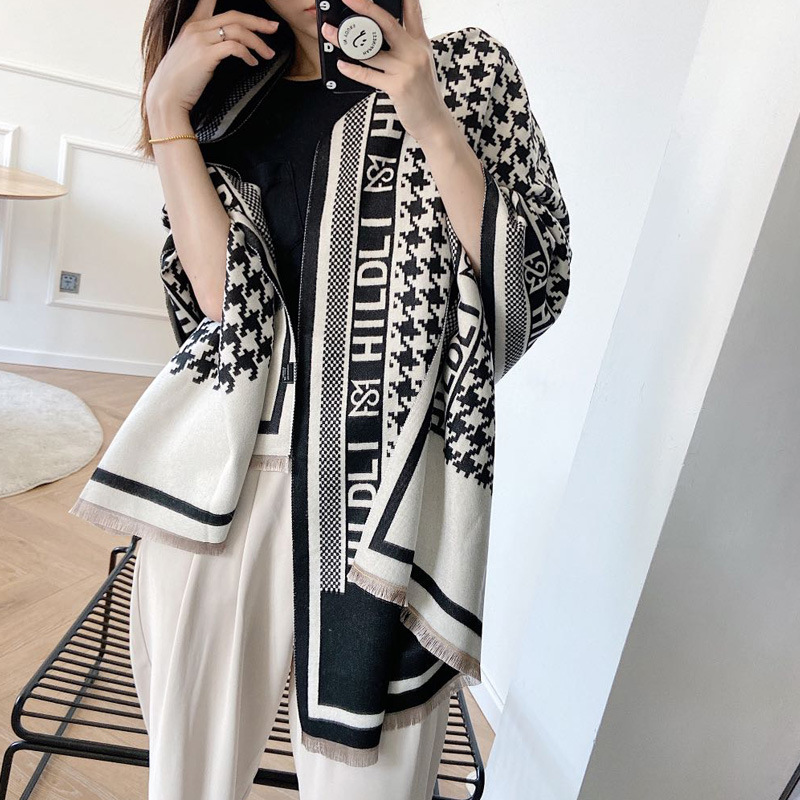 Korean Style Autumn and Winter New Artificial Cashmere Scarf Women's Houndstooth Letters Spring Summer Dual-Use Shawl Thickened Warm Scarf