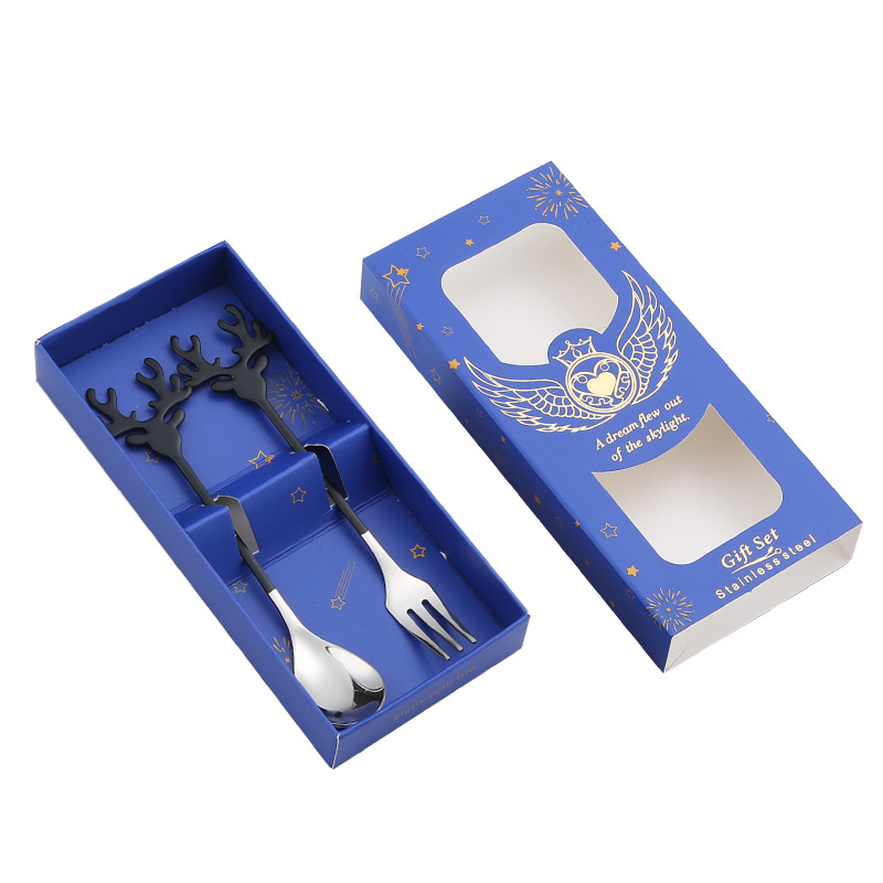 304 Stainless Steel Spoon Christmas Reindeer Spoon Fork Gift Set Spoon Fork Two-Piece Set Coffee Stir Spoon