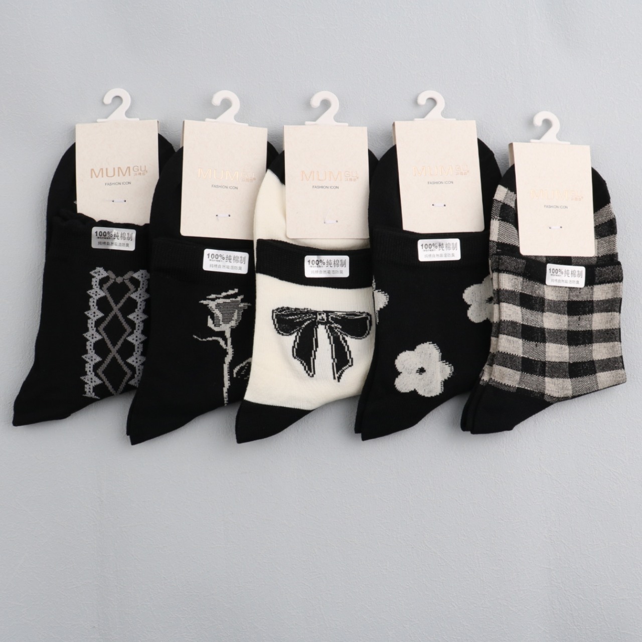 女袜棉袜蝴蝶结小花朵黑白系女袜子中筒袜7-45棉袜女袜子混色袋装