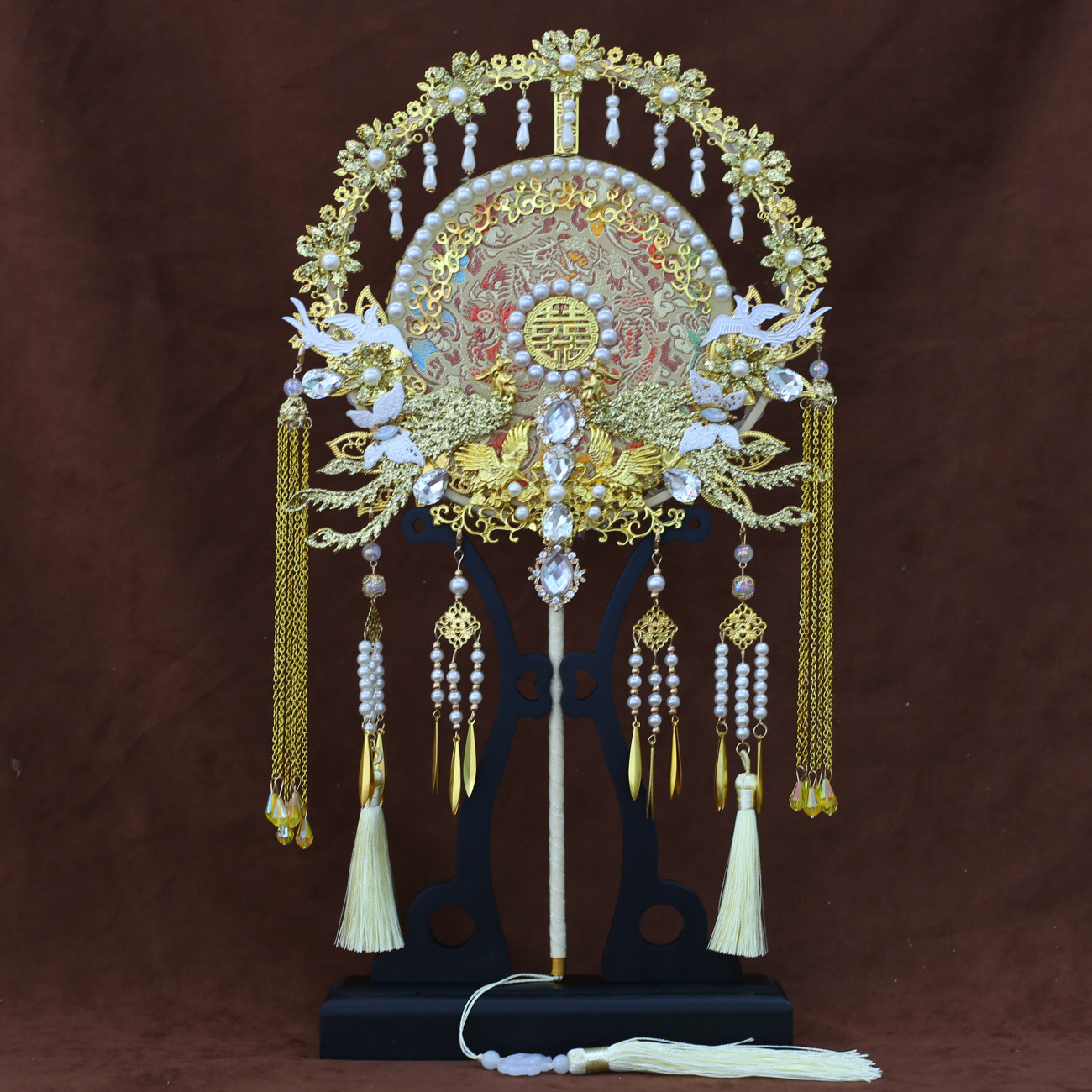 新娘结婚秀禾明制新古典汉唐古风双面手工成品景泰蓝红色团扇9057