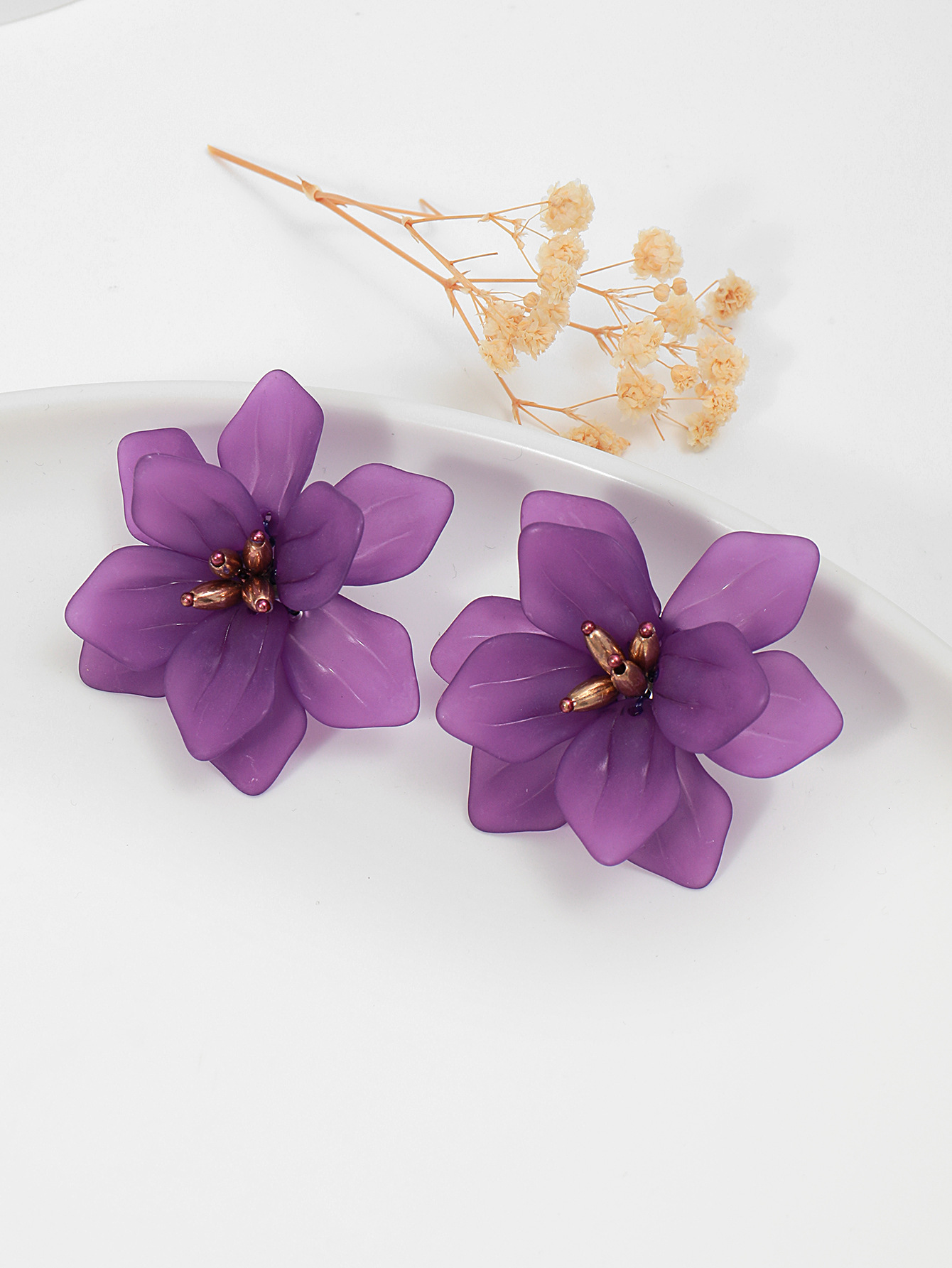 韩版甜美小清新五瓣花紫色耳环时尚夸张东大门耳饰亚克力花朵耳钉