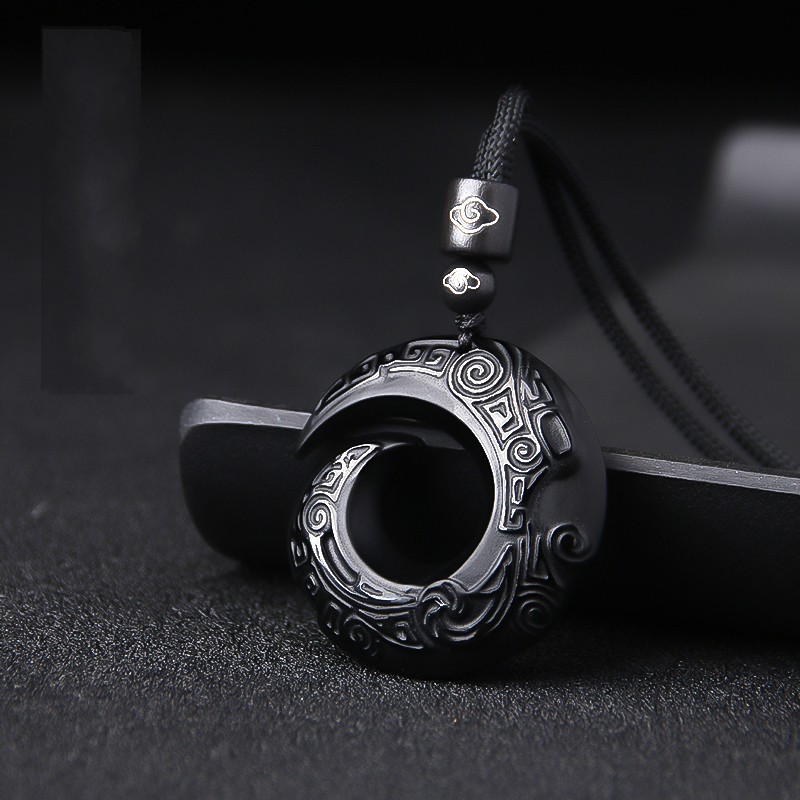 冰种黑曜石时来运转吊坠男女本命年古风玉坠平安扣项链女轮回玉佩